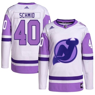 Authentic Adidas Men's Akira Schmid New Jersey Devils Hockey Fights Cancer Primegreen Jersey - White/Purple