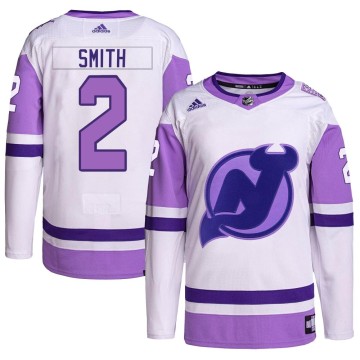 Authentic Adidas Men's Brendan Smith New Jersey Devils Hockey Fights Cancer Primegreen Jersey - White/Purple