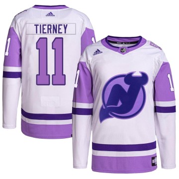 Authentic Adidas Men's Chris Tierney New Jersey Devils Hockey Fights Cancer Primegreen Jersey - White/Purple