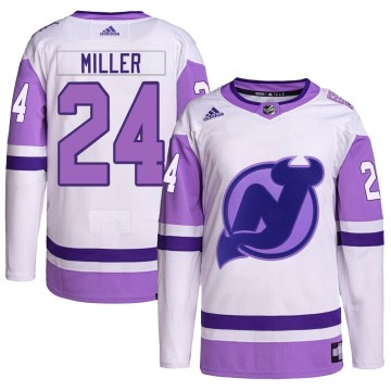 Authentic Adidas Men's Colin Miller New Jersey Devils Hockey Fights Cancer Primegreen Jersey - White/Purple