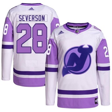 Authentic Adidas Men's Damon Severson New Jersey Devils Hockey Fights Cancer Primegreen Jersey - White/Purple