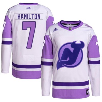 Authentic Adidas Men's Dougie Hamilton New Jersey Devils Hockey Fights Cancer Primegreen Jersey - White/Purple