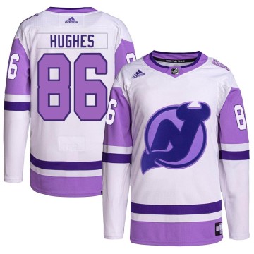 Authentic Adidas Men's Jack Hughes New Jersey Devils Hockey Fights Cancer Primegreen Jersey - White/Purple
