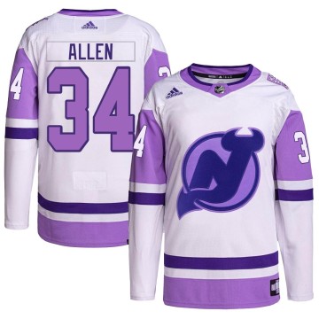 Authentic Adidas Men's Jake Allen New Jersey Devils Hockey Fights Cancer Primegreen Jersey - White/Purple