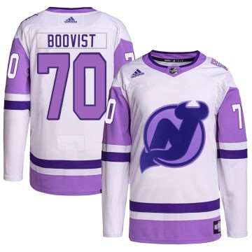 Authentic Adidas Men's Jesper Boqvist New Jersey Devils Hockey Fights Cancer Primegreen Jersey - White/Purple