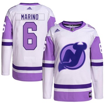 Authentic Adidas Men's John Marino New Jersey Devils Hockey Fights Cancer Primegreen Jersey - White/Purple