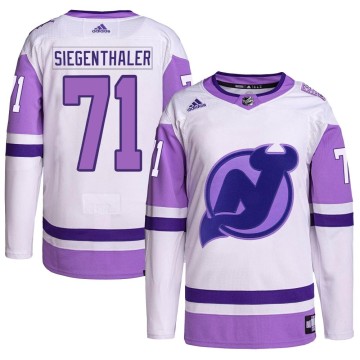 Authentic Adidas Men's Jonas Siegenthaler New Jersey Devils Hockey Fights Cancer Primegreen Jersey - White/Purple