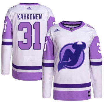 Authentic Adidas Men's Kaapo Kahkonen New Jersey Devils Hockey Fights Cancer Primegreen Jersey - White/Purple