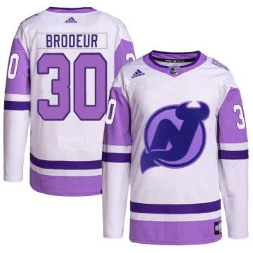 Authentic Adidas Men's Martin Brodeur New Jersey Devils Hockey Fights Cancer Primegreen Jersey - White/Purple