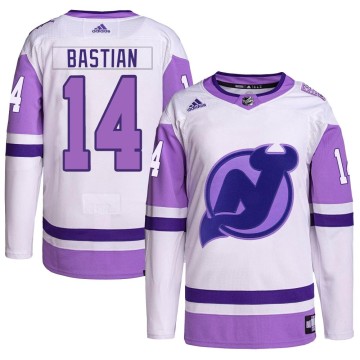 Authentic Adidas Men's Nathan Bastian New Jersey Devils Hockey Fights Cancer Primegreen Jersey - White/Purple