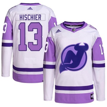 Authentic Adidas Men's Nico Hischier New Jersey Devils Hockey Fights Cancer Primegreen Jersey - White/Purple