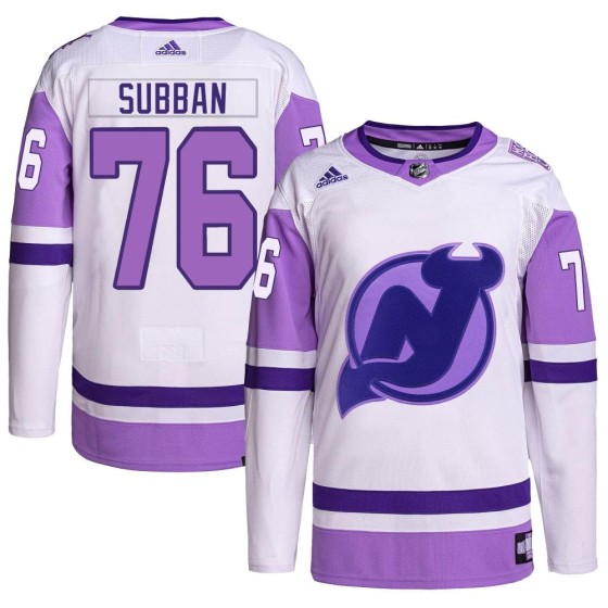Authentic Adidas Men's P.K. Subban New Jersey Devils Hockey Fights Cancer Primegreen Jersey - White/Purple