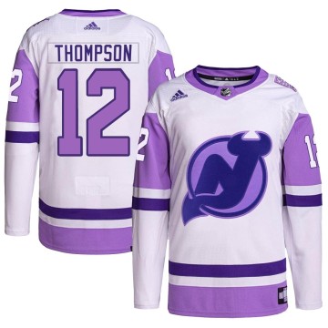 Authentic Adidas Men's Tyce Thompson New Jersey Devils Hockey Fights Cancer Primegreen Jersey - White/Purple