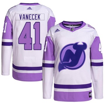 Authentic Adidas Men's Vitek Vanecek New Jersey Devils Hockey Fights Cancer Primegreen Jersey - White/Purple
