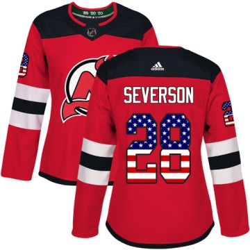 Authentic Adidas Women's Damon Severson New Jersey Devils USA Flag Fashion Jersey - Red