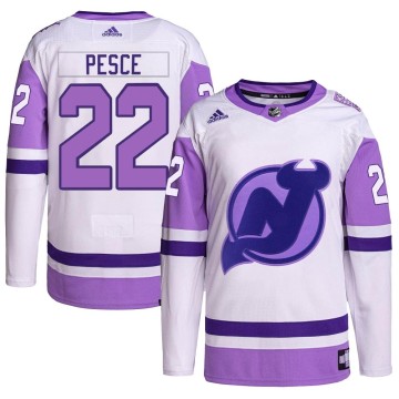 Authentic Adidas Youth Brett Pesce New Jersey Devils Hockey Fights Cancer Primegreen Jersey - White/Purple