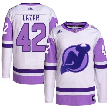 Authentic Adidas Youth Curtis Lazar New Jersey Devils Hockey Fights Cancer Primegreen Jersey - White/Purple