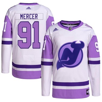 Authentic Adidas Youth Dawson Mercer New Jersey Devils Hockey Fights Cancer Primegreen Jersey - White/Purple