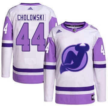 Authentic Adidas Youth Dennis Cholowski New Jersey Devils Hockey Fights Cancer Primegreen Jersey - White/Purple