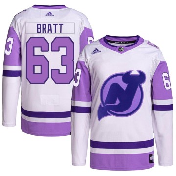 Authentic Adidas Youth Jesper Bratt New Jersey Devils Hockey Fights Cancer Primegreen Jersey - White/Purple