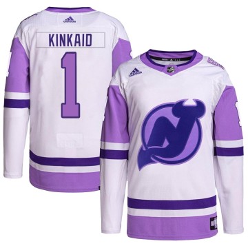 Authentic Adidas Youth Keith Kinkaid New Jersey Devils Hockey Fights Cancer Primegreen Jersey - White/Purple