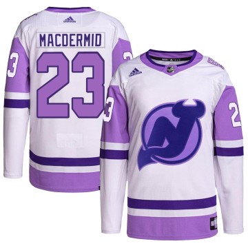 Authentic Adidas Youth Kurtis MacDermid New Jersey Devils Hockey Fights Cancer Primegreen Jersey - White/Purple
