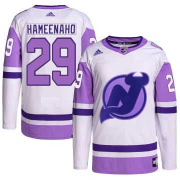 Authentic Adidas Youth Lenni Hameenaho New Jersey Devils Hockey Fights Cancer Primegreen Jersey - White/Purple
