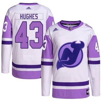 Authentic Adidas Youth Luke Hughes New Jersey Devils Hockey Fights Cancer Primegreen Jersey - White/Purple