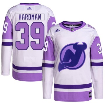 Authentic Adidas Youth Mike Hardman New Jersey Devils Hockey Fights Cancer Primegreen Jersey - White/Purple
