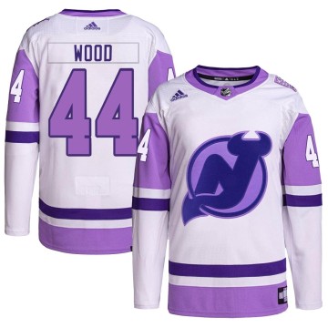 Authentic Adidas Youth Miles Wood New Jersey Devils Hockey Fights Cancer Primegreen Jersey - White/Purple