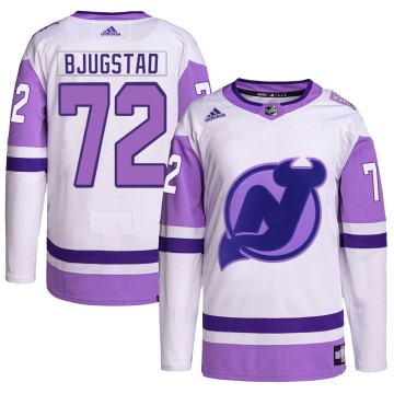 Authentic Adidas Youth Nick Bjugstad New Jersey Devils Hockey Fights Cancer Primegreen Jersey - White/Purple