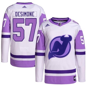 Authentic Adidas Youth Nick DeSimone New Jersey Devils Hockey Fights Cancer Primegreen Jersey - White/Purple