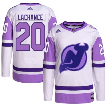 Authentic Adidas Youth Shane Lachance New Jersey Devils Hockey Fights Cancer Primegreen Jersey - White/Purple