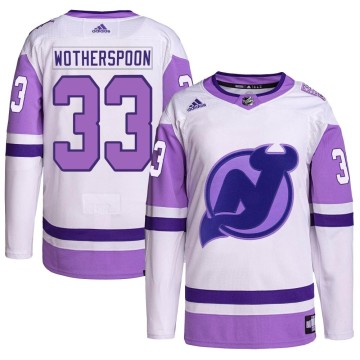 Authentic Adidas Youth Tyler Wotherspoon New Jersey Devils Hockey Fights Cancer Primegreen Jersey - White/Purple
