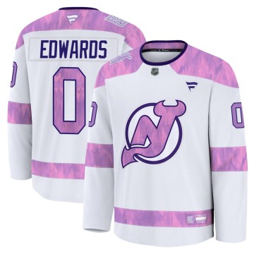 Premium Fanatics Youth Ethan Edwards New Jersey Devils 2024 Hockey Fights Cancer Practice Jersey - White