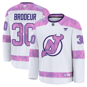 Premium Fanatics Youth Martin Brodeur New Jersey Devils 2024 Hockey Fights Cancer Practice Jersey - White
