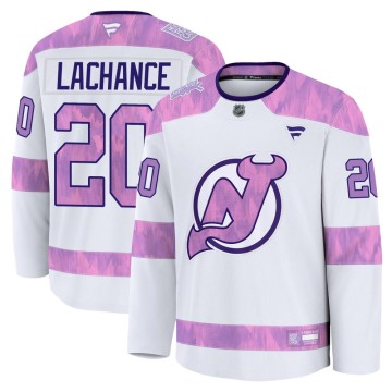 Premium Fanatics Youth Shane Lachance New Jersey Devils 2024 Hockey Fights Cancer Practice Jersey - White